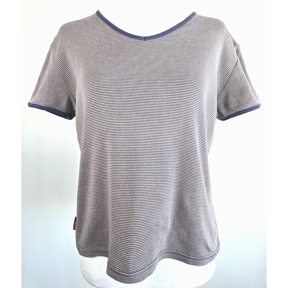 Vtg Theme Striped Top V neck Short Sleeves Minimalist Quiet Luxury Blue Nautical